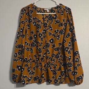 Nine West Black & Mustard Floral / Animal Print Peplum Blouse XXL